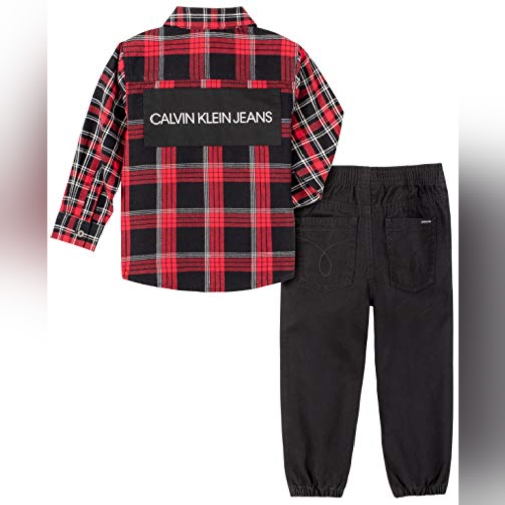Calvin Klein Jeans logo set black pants red plaid top cotton size 24 /2 toddler